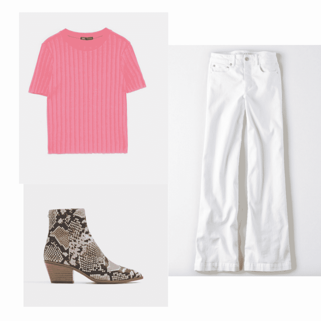 How to wear a t shirt fashionably: Outfit with neon t-shirt, snakeskin boots, white jeans