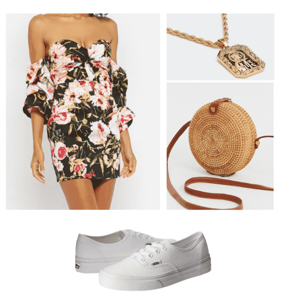 floral off the shoulder dress, wicker circle cross body bag, gold necklace, white vans sneakers