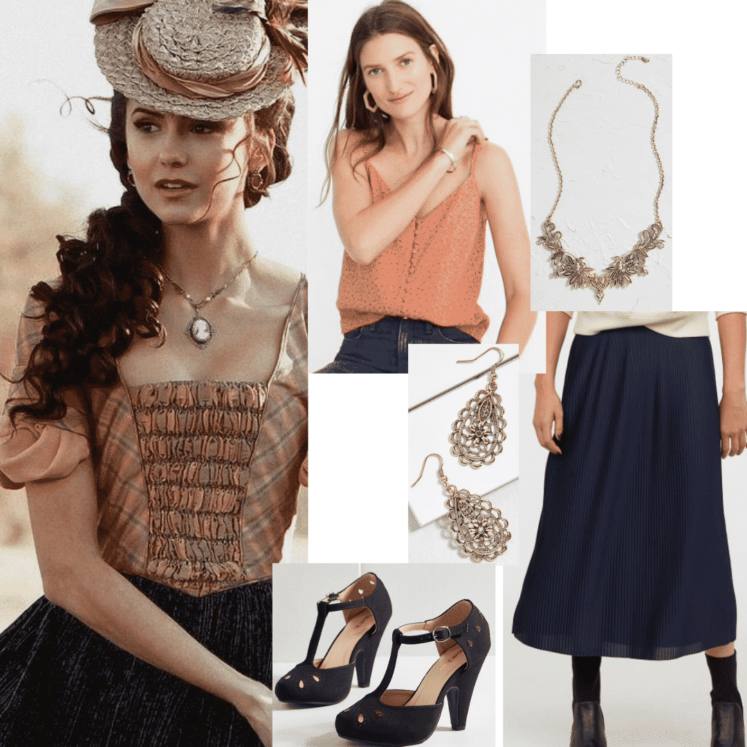 Katherine Pierce style - Outfit inspired by Katherine from The Vampire Diaries with vintage floral tank, midi skirt, detailed jewelry, t-strap heels