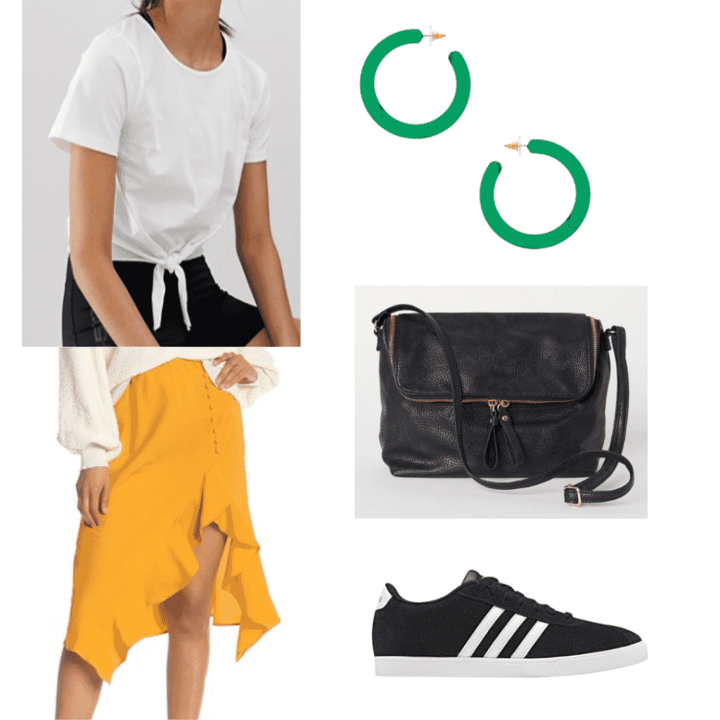 What to wear in Japan: Outfit idea with white tie shirt, green hoop earrings, yellow asymmetrical skirt, black shoulder bag, black sneakers