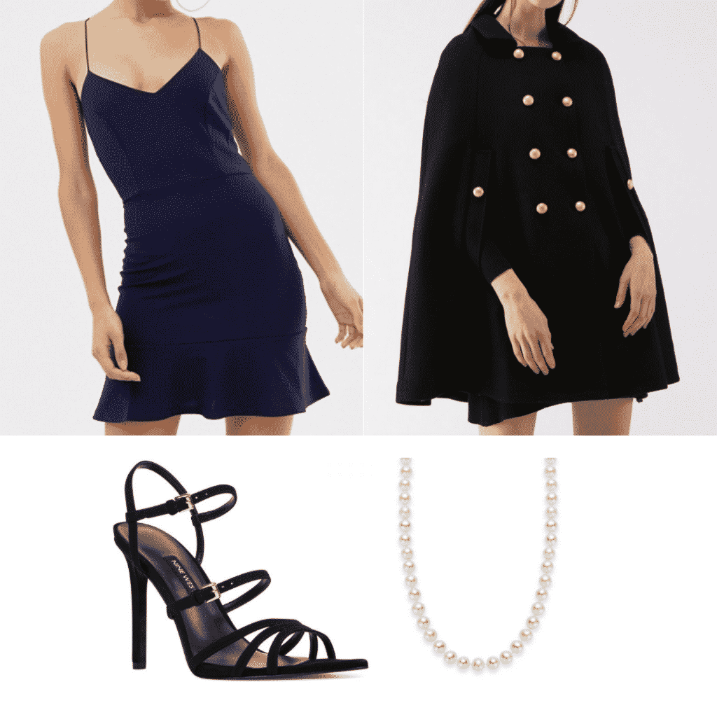 Veronica Lodge style outfit with cape coat, blue dress, pearls