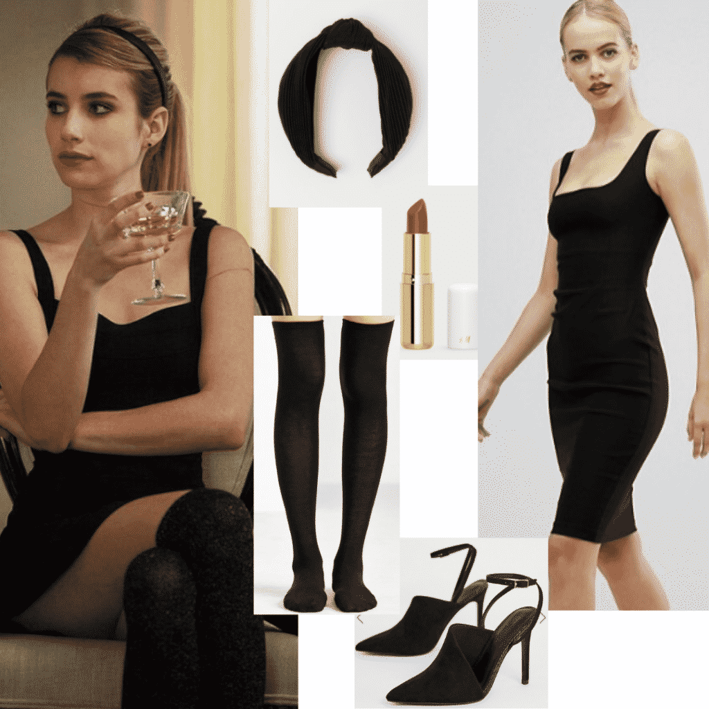 Madison Montgomery style outfit with little black dress, black heels, over-the-knee socks, and a black headband