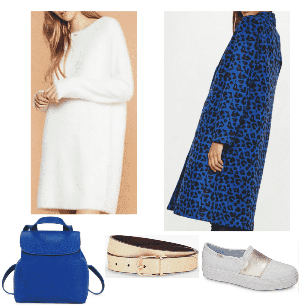 Outfit inspired by Wonder Woman with white sweater dress, blue coat, blue purse, gold belt