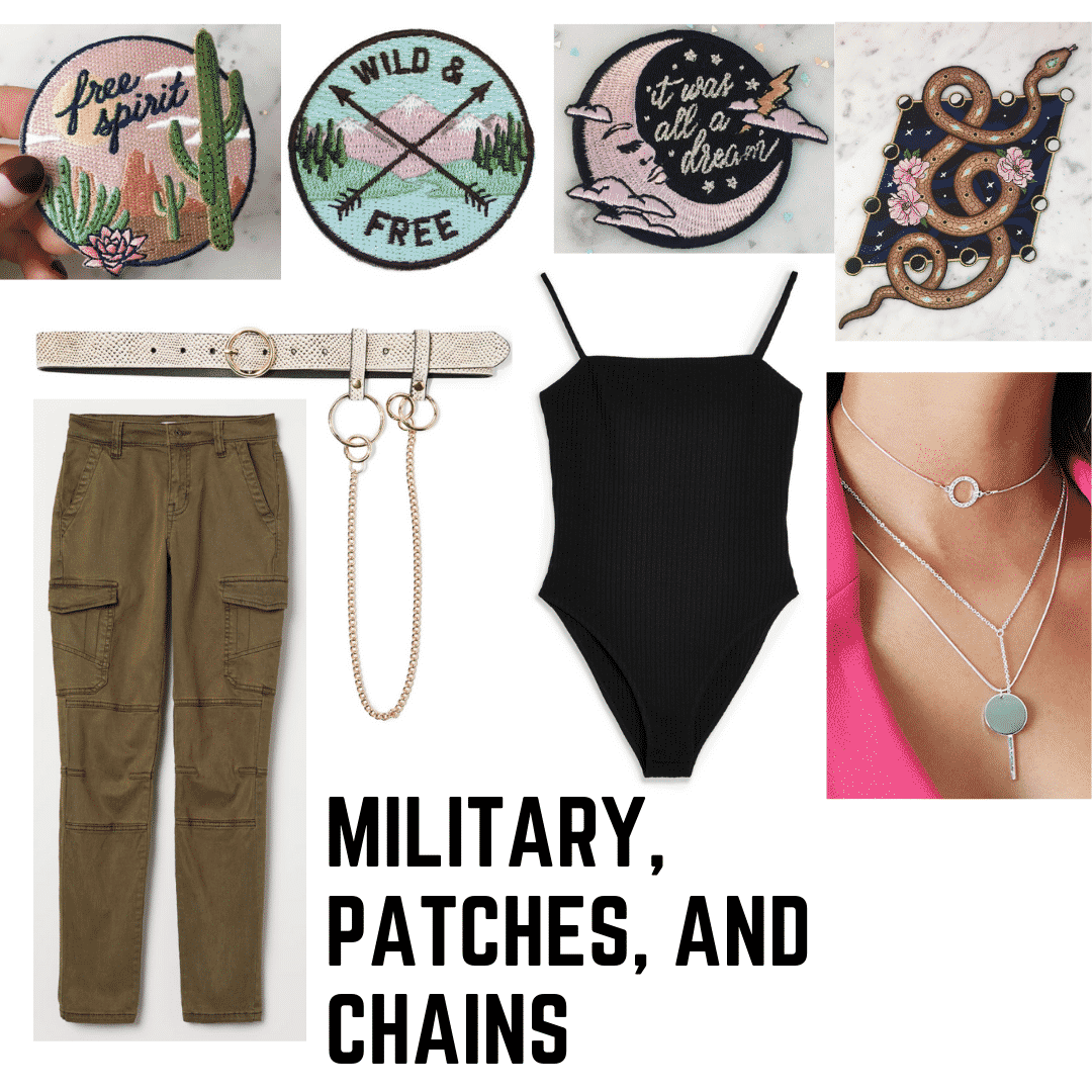 Christina Aguilera 2000s style: outfit with military green pants, patches, a chained belt, bodysuit, and necklaces.