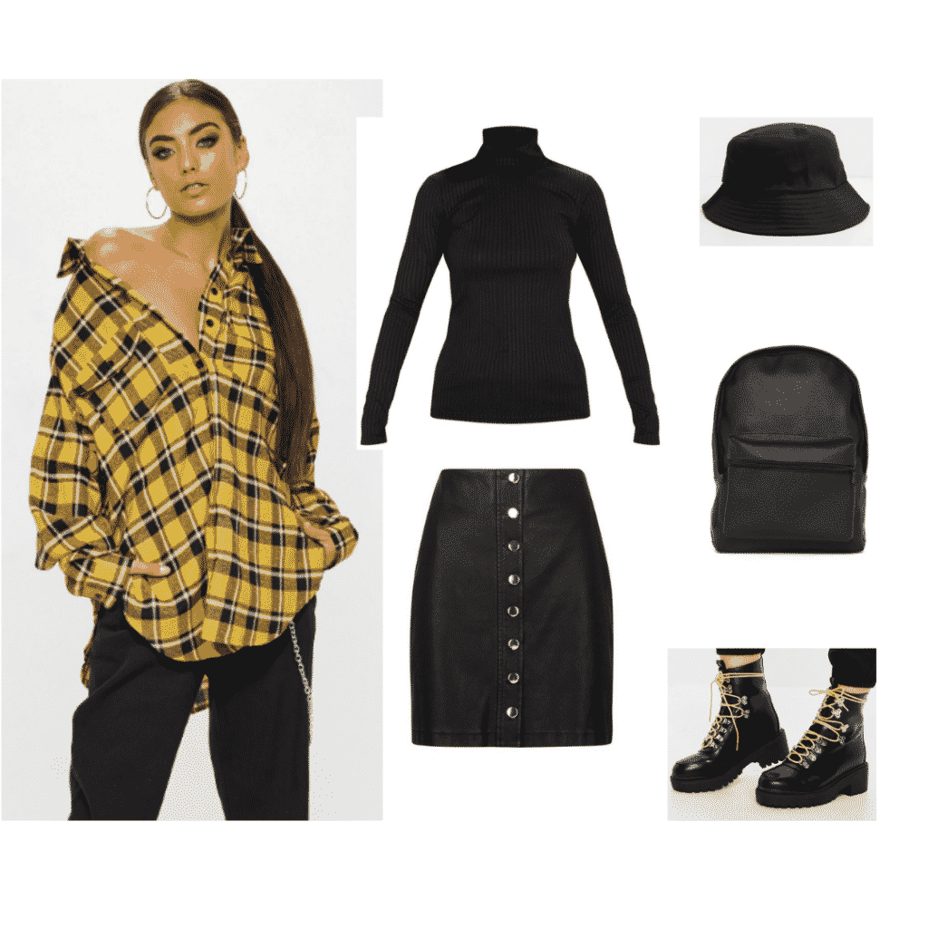 Suga BTS style - outfit inspired by Suga with plaid shirt, turtleneck, bucket hat, backpack