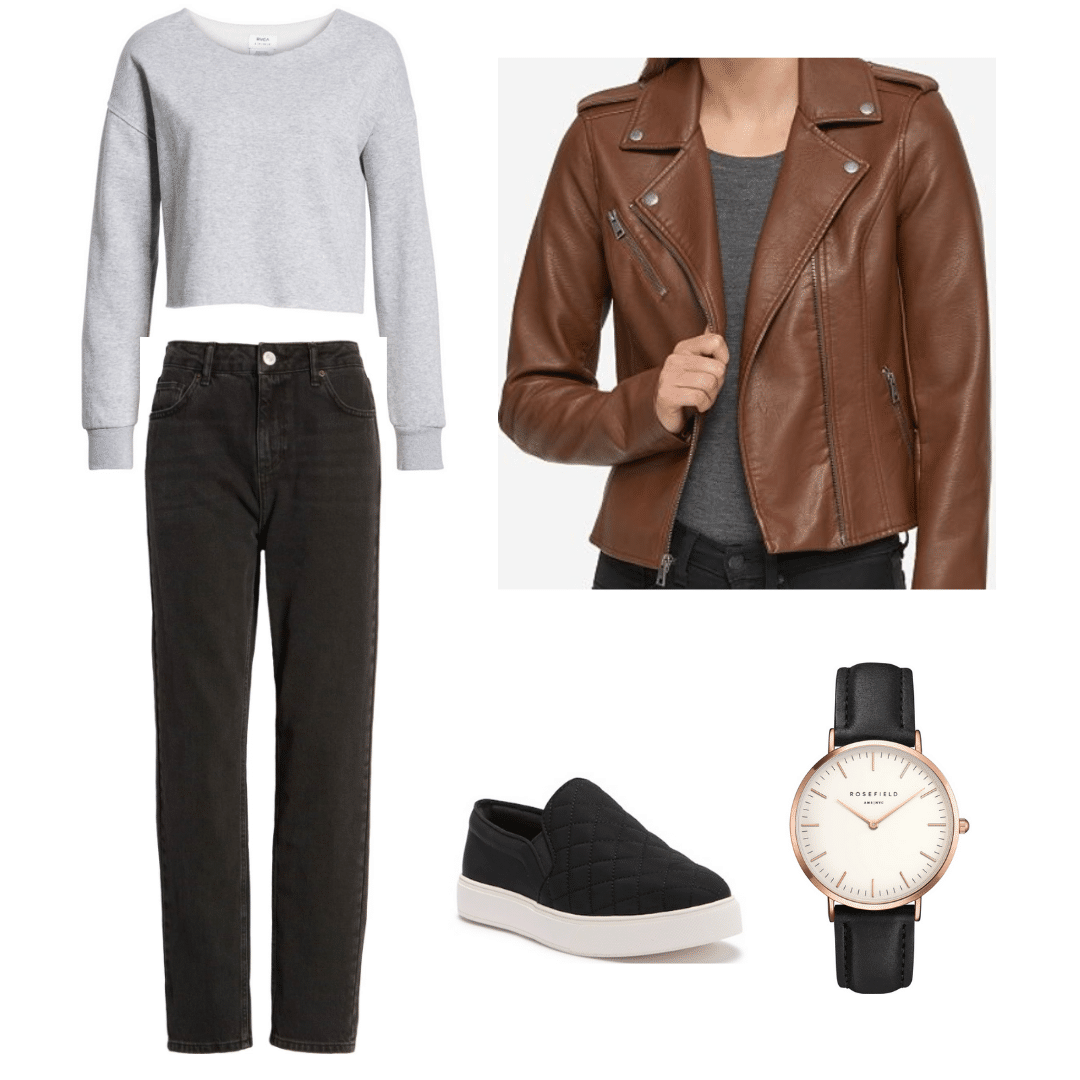 Outfit inspired by the TV show Arrow: Gray sweatshirt, washed black jeans, brown moto jacket, slip on sneakers, black leather watch