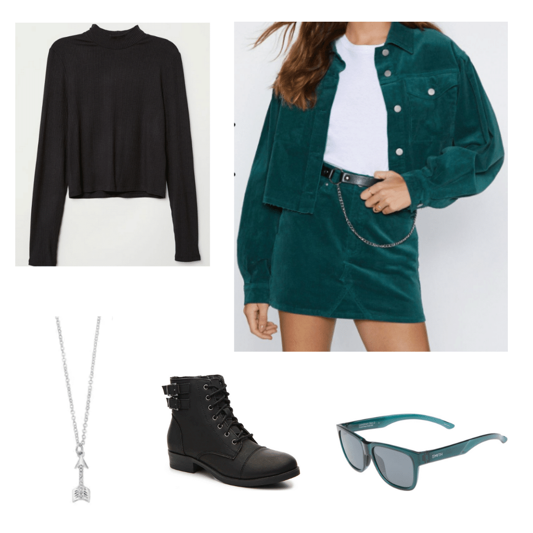 Outfit inspired by the TV show Arrow: Green two piece corduroy set, black turtleneck, combat boots, green sunglasses