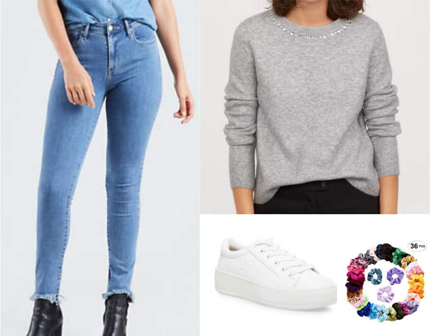 Casual Betty Cooper outfit - jeans, gray sweater, white sneakers, scrunchie