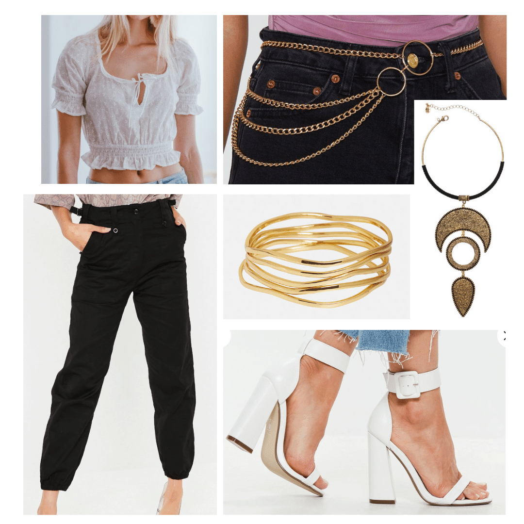 Beyonce inspired outfit with Girly peasant top, white strappy heels, gold jewelry, black harem pants, and a chain belt