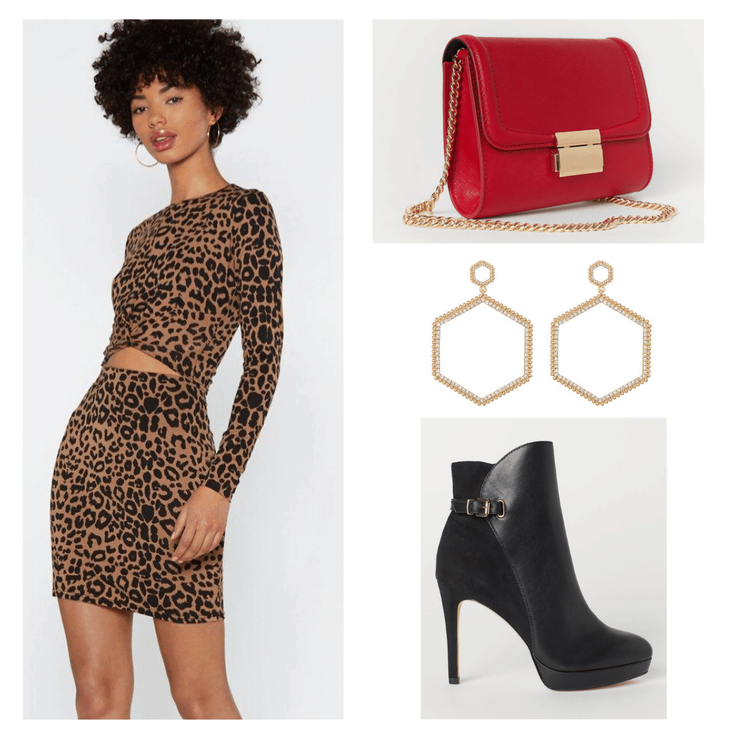 Outfit inspired by Beyonce in the 2000s with leopard print two piece set, gold earrings, red bag, and black stiletto boots