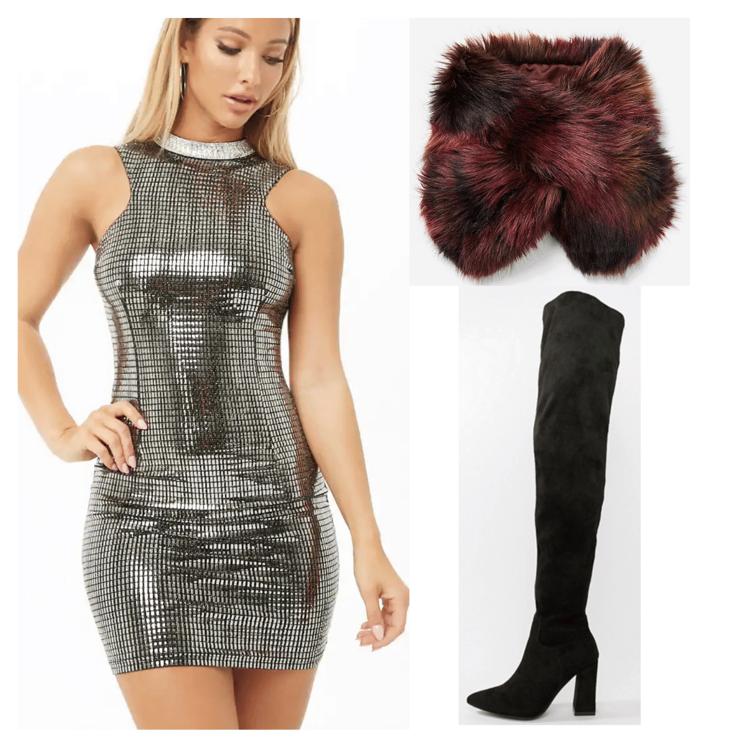 Outfit inspired by Beyonce in the 2000s with silver dress, burgundy fur stole, and over the knee boots