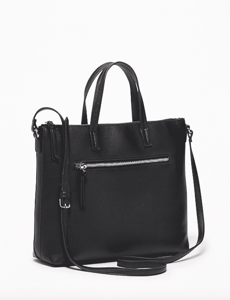 Black faux leather handbag with silver zippers