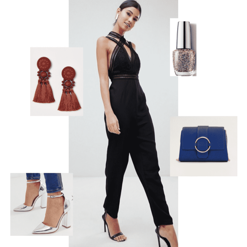 Outfit inspired by Black Panther with black jumpsuit, blue clutch, silver heels, red earrings, glitter nail polish