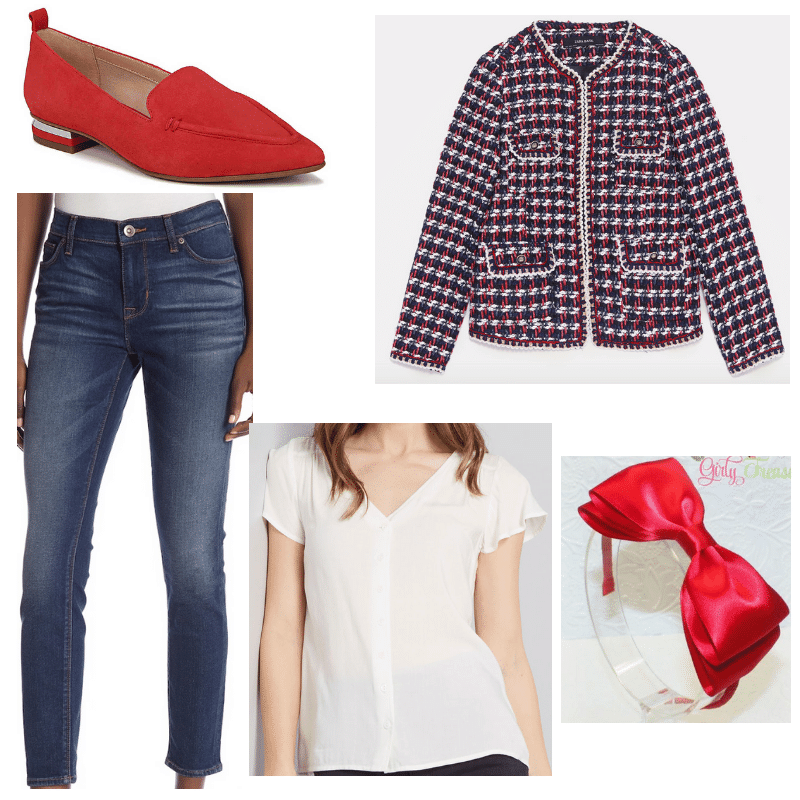 Preppy outfit for school with tweed jacket, flutter sleeve blouse, bow headband, red loafer flats, and ankle jeans