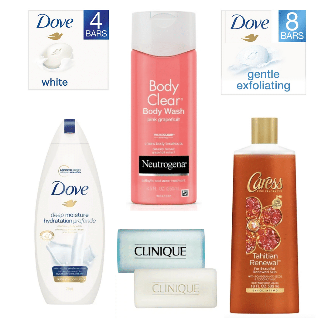 Best body washes for your skin: Dove bars, dove Deep Moisture body washes, Neutrogena Body Clear body wash, Caress Tahitian Renewal body wash, Clinique bar