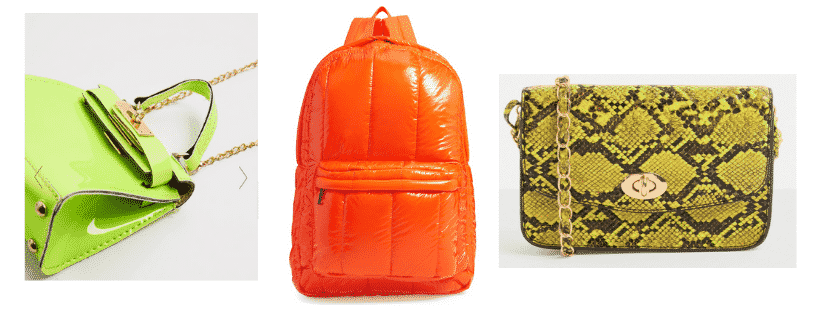 Neon trend for spring - Neon bags: Green neon crossbody bag, neon orange backpack, green neon snakeskin chain strap bag