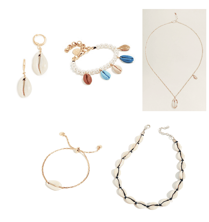 (Top Row, L-R) Small Hoop Earrings with Cowrie Shell, Pearl Bracelet with Multi-Colored Cowrie Shells, Cowrie Shell Pendant Necklace with Gold Accent and Small Gold Cowrie Shell at Right Side (Bottom Row, L-R) Gold Adjustable Bracelet with Cowrie Shell, Cowrie Shell Necklace