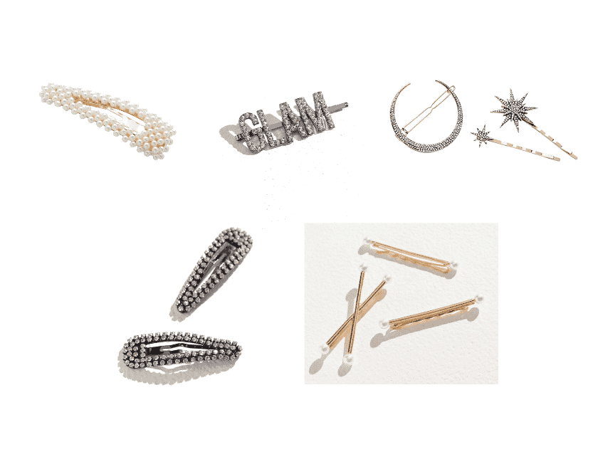 (Top Row, L-R) Pearl Flip Clip, "GLAM" Rhinestone Bobby Pin, Moon-and-Star Hair Clip Set, (Bottom Row, L-R) Rhinestone Flip Clip Set, Pearl Bobby Pin Set