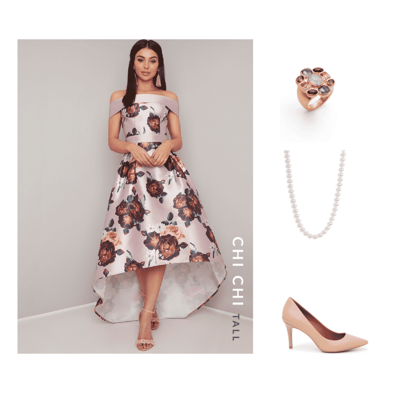 Outfit #3 featuring dusty pink off-the-shoulder dress with large floral print and high-low hem, gold cocktail ring with multi-colored stones, pearl necklace, beige pointed-toe heel