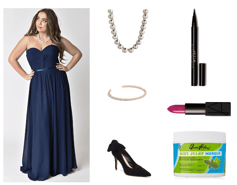 Tahani Al-Jamil Outfit #1 featuring navy blue strapless chiffon gown, statement necklace with clear stones, skinny cuff bracelet with clear stones, black heel with bow detail at back, black liquid eyeliner, muted fuchsia lipstick, face mask 