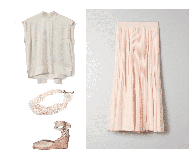 Tahani Al-Jamil style outfit #2 featuring sleeveless high-neck off-white blouse in off-white with tie at back, multi-strand twisted pearl necklace, pink-y-beige espadrille wedge with tie at ankle, pale pink pleated midi skirt