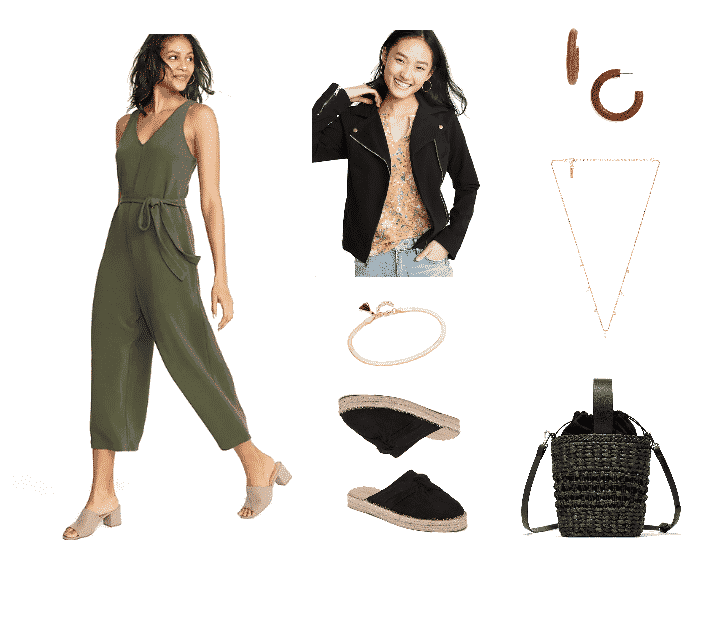 Outfit #1 featuring olive-green sleeveless v-neck jumpsuit with tie-waist and cropped leg, black twill motorcycle jacket, gold chain bracelet, black espadrille mules with knot detail, large wooden hoop earrings, gold necklace with dangling pearls and white clear stones, black mini raffia basket bag with faux-leather handles and fabric interior  