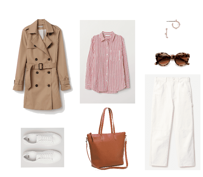 Outfit #2 featuring beige knee-length trench coat, white sneakers, red-and-white striped shirt, cognac brown faux-leather tote, gold on-the-ear hoop earrings with circular accentd, rounded cat-eye sunglasses with tortoise pattern, off-white high-waisted, straight-leg cropped pants