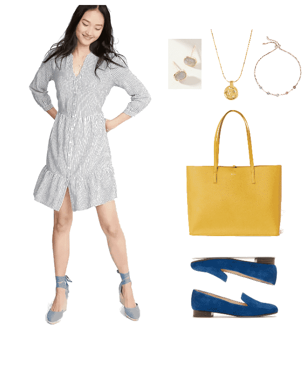 Outfit #3 featuring long-sleeved blue-and-white striped shirt-dress, pale green faceted stud earrings, gold necklace with circular moon and star pendant with small clear stones, gold adjustable bracelet with multi-colored stones, bright yellow tote, cerulean blue loafers