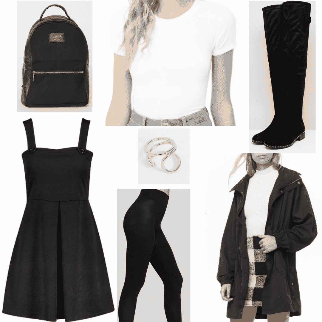 How to wear overall dress - outfit for class with black overall dress, black tights, white tee shirt, simple ring, black boots, backpack