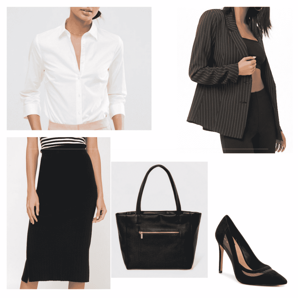 Classic business outfit set- white blouse, black pencil skirt, black bag, black heels, pinstripe blazer