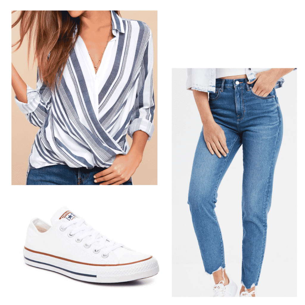 Classic outfit for class: blue striped blouse, blue jeans, white converse