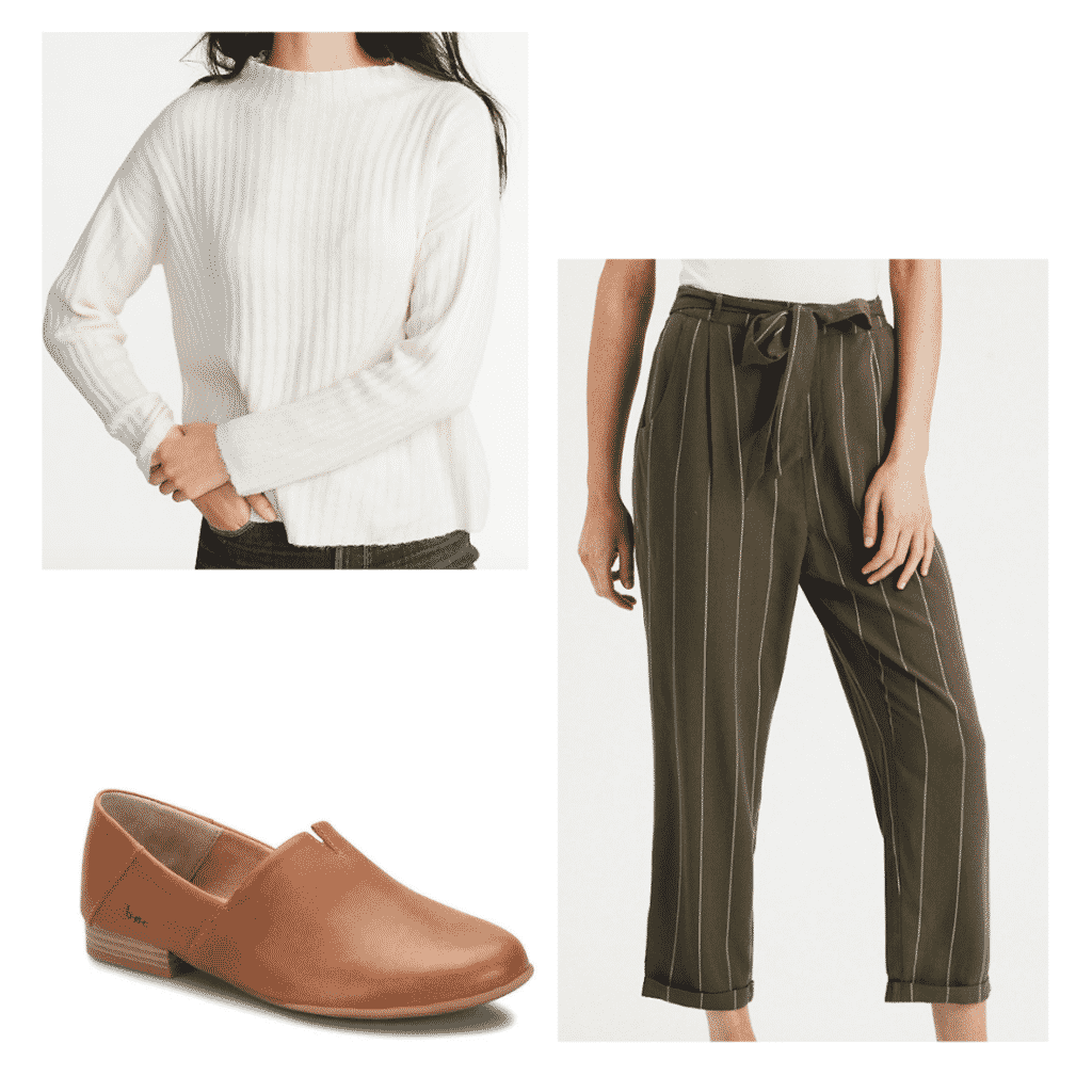 Classic dinner outfit set- white sweater, olive and white pants, brown loafers