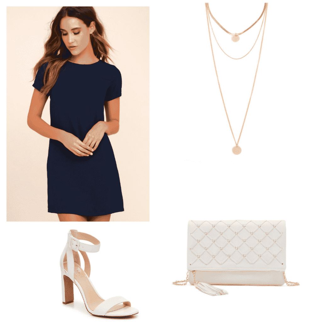 Classic fancy outfit set- blue dress, gold necklace, white shoes, and white bag