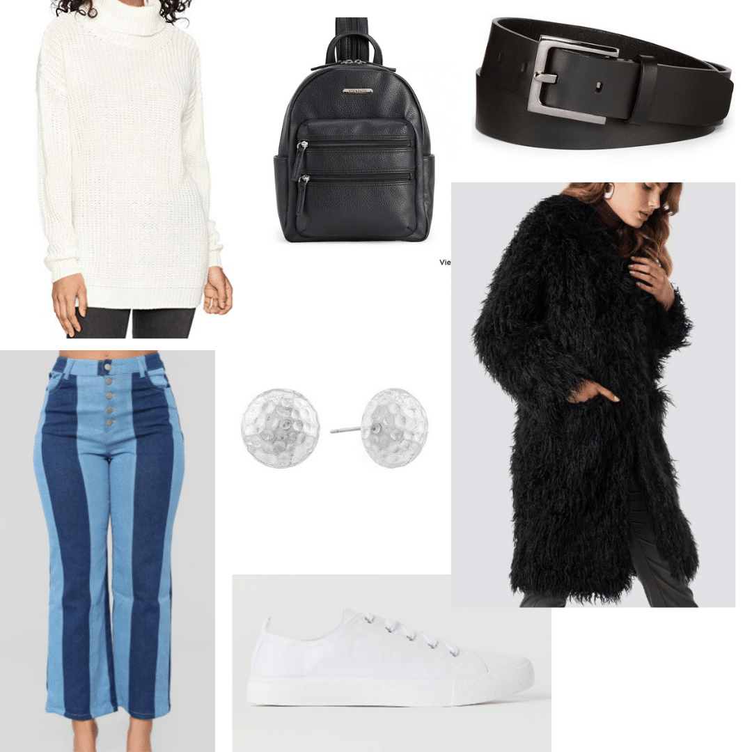 How to wear colorblock jeans to class: Daytime outfit with colorblock jeans, white turtleneck sweater, faux fur coat, black backpack, black belt, stud earrings, white sneakers