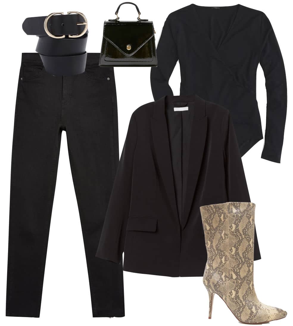 Emily Ratajkowski Outfit: black wrap bodysuit, black straight cut blazer, black high rise skinny jeans, black and gold belt, black mini handbag, and snake print mid-calf booties