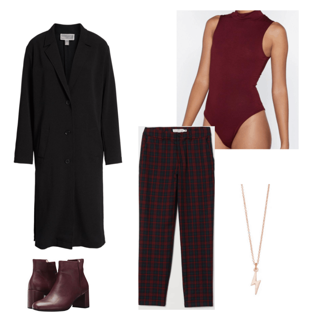 Outfit inspired by The Flash TV show: Plaid trousers, burgundy bodysuit, long black coat, brown boots