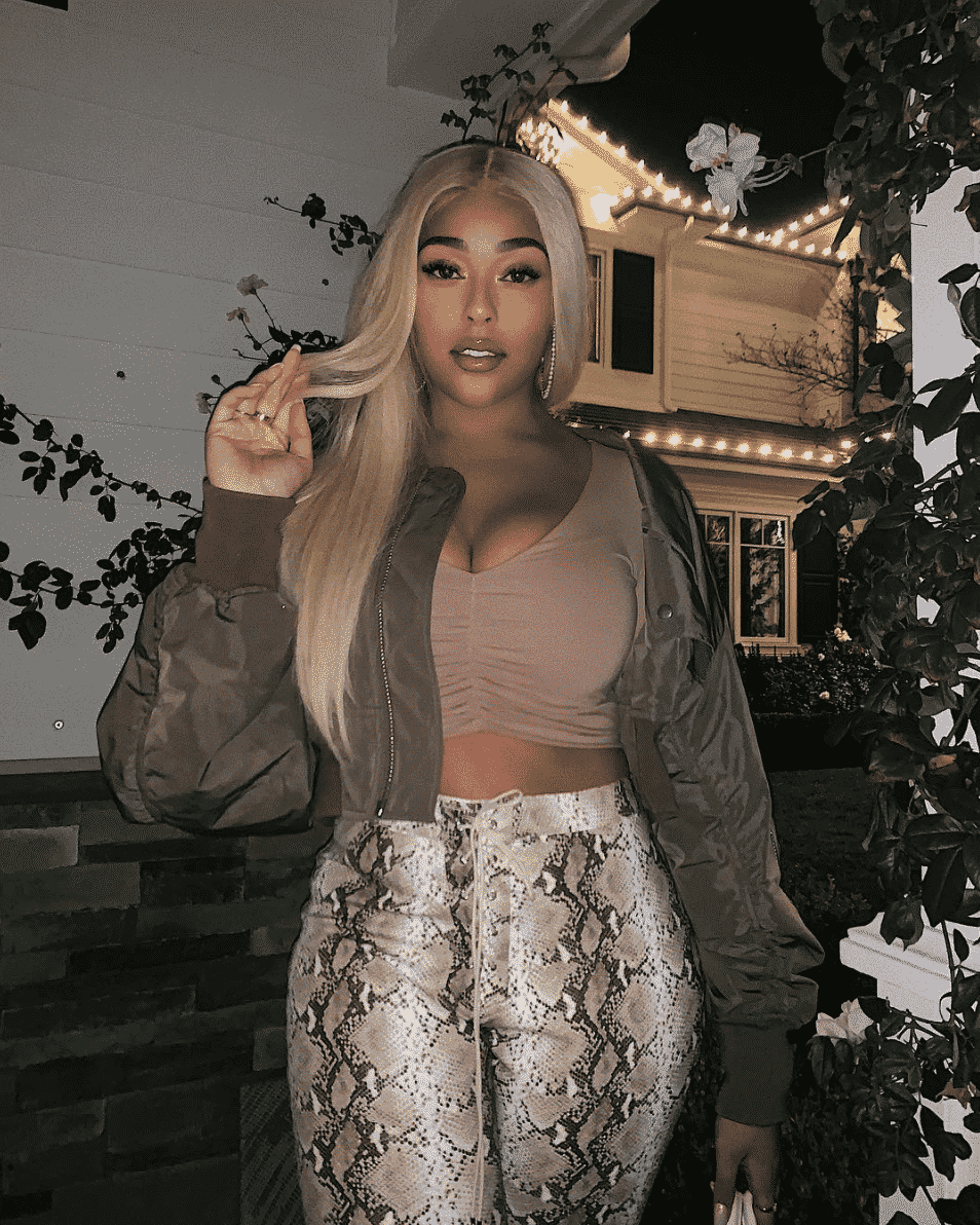 Jordyn Woods wearing snakeskin pants and a nude top