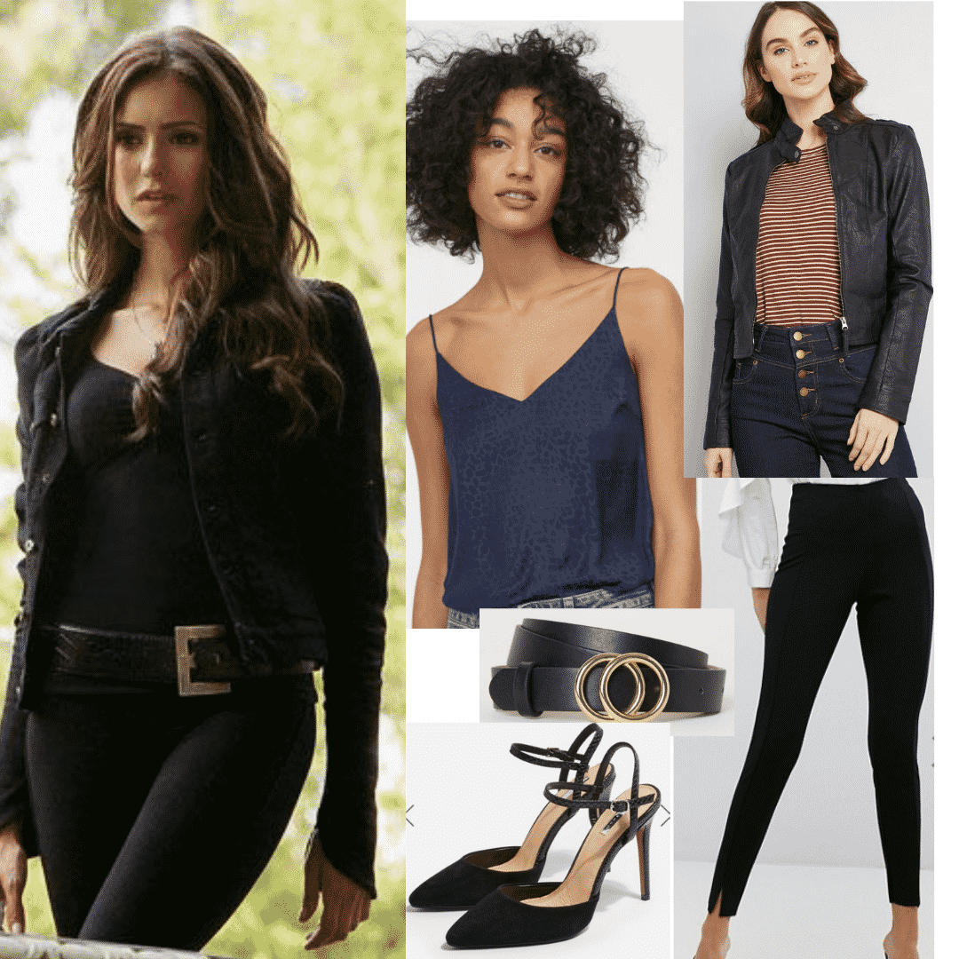 Katherine Pierce style: Outfit inspired by Katherine Pierce from The Vampire Diaries with black top, black jeans, leather jacket, heels