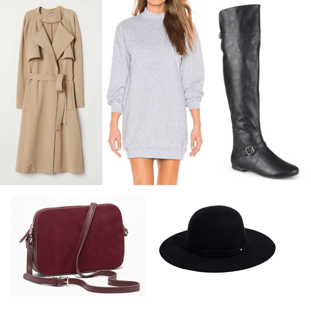 Kazan Russia outfit: Gray sweater dress, boots, trench coat, burgundy crossbody bag, felt hat