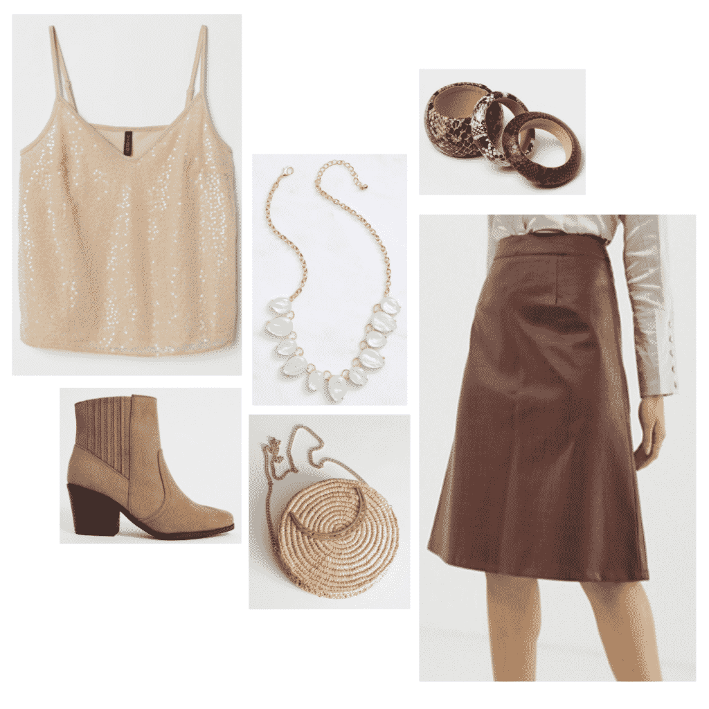 Daenerys Targaryen outfit with brown skirt, western boots, woven purse, tank