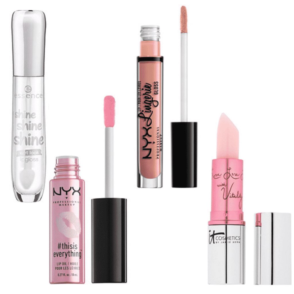 Lip Gloss: Essence Shine Shine Shine, NYX Lip Oil, NYX Lingerie, IT Cosmetics Vitality Reviver