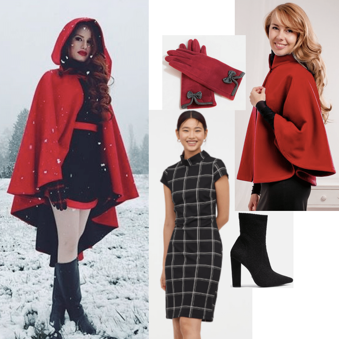 Cheryl Blossom style from Riverdale outfit: Red cape, plaid dress, ankle boots, red gloves
