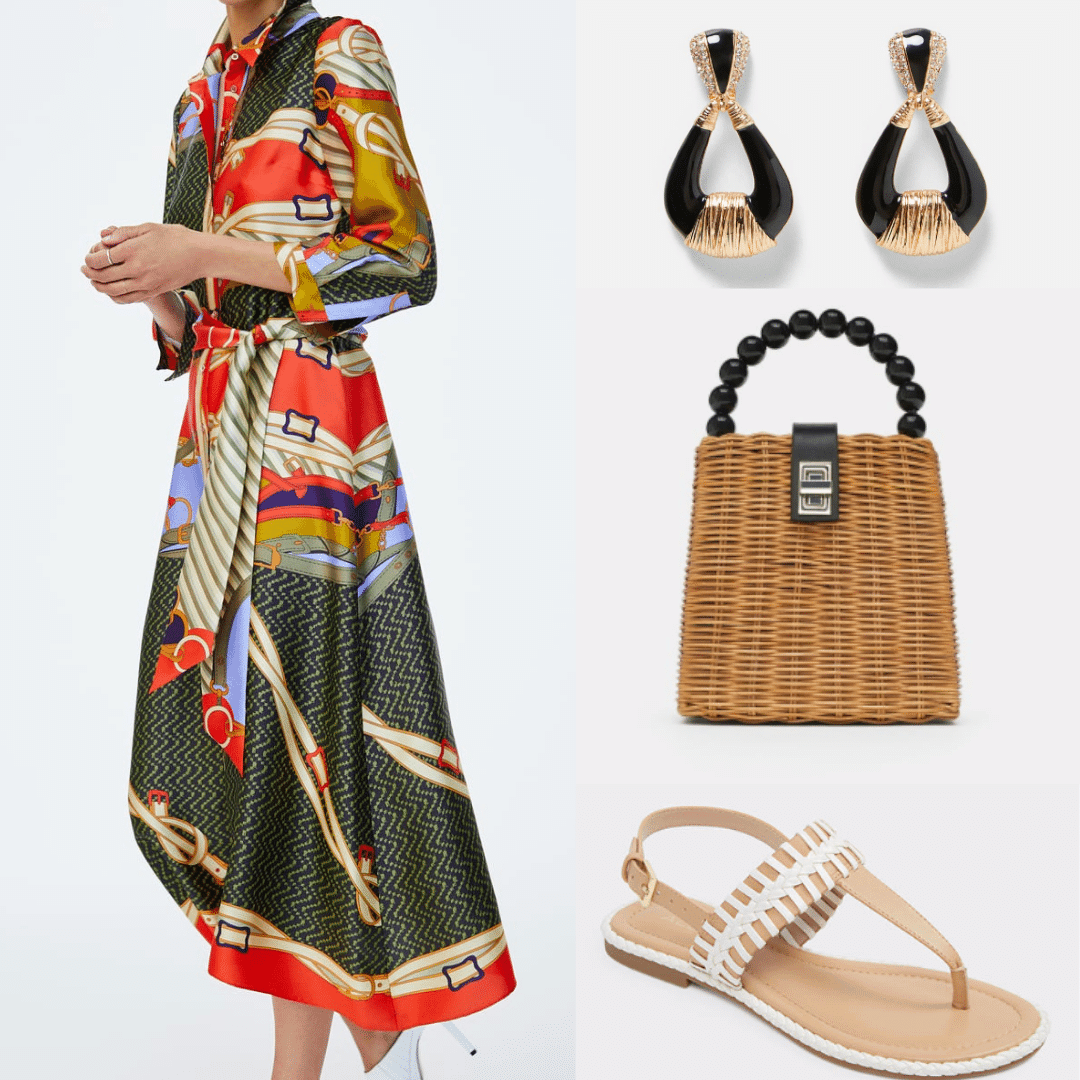 Modest outfit for wearing in Marrakesh: Patterned long sleeve dress, neutral sandals, woven handbag, doorknocker earrings