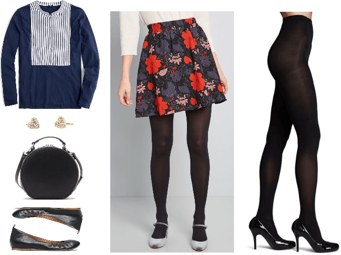 Outfit for meeting boyfriend's parents: Floral skirt, striped top, circle bag, ballet flats, tights