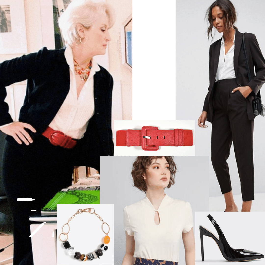 Miranda Priestly outfit from Devil Wears Prada: Black suit, red belt, statement necklace, black pumps, cream blouse