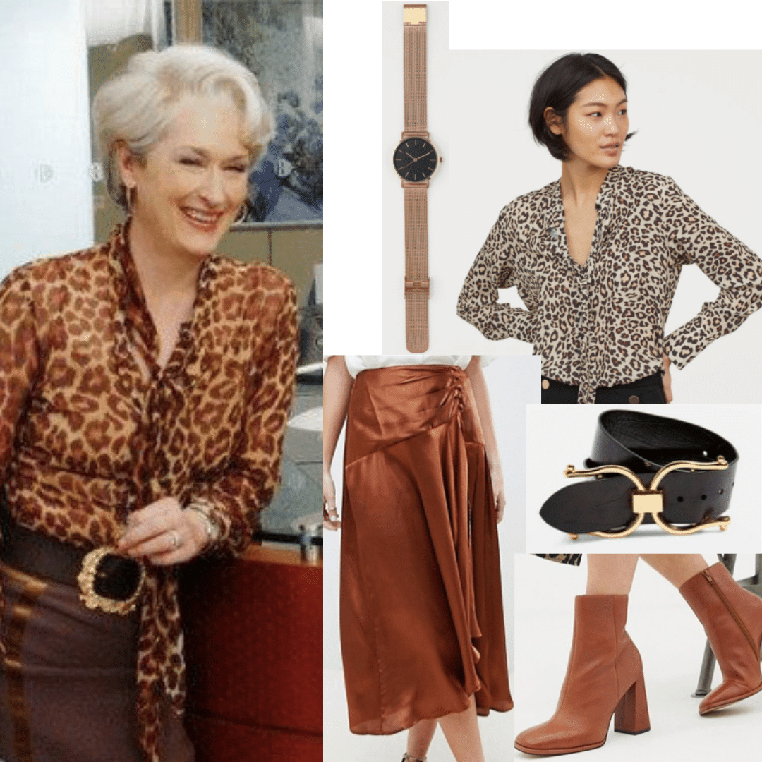 Miranda Priestly outfit from Devil Wears Prada: Leopard print blouse, copper skirt, brown boots, black belt, watch