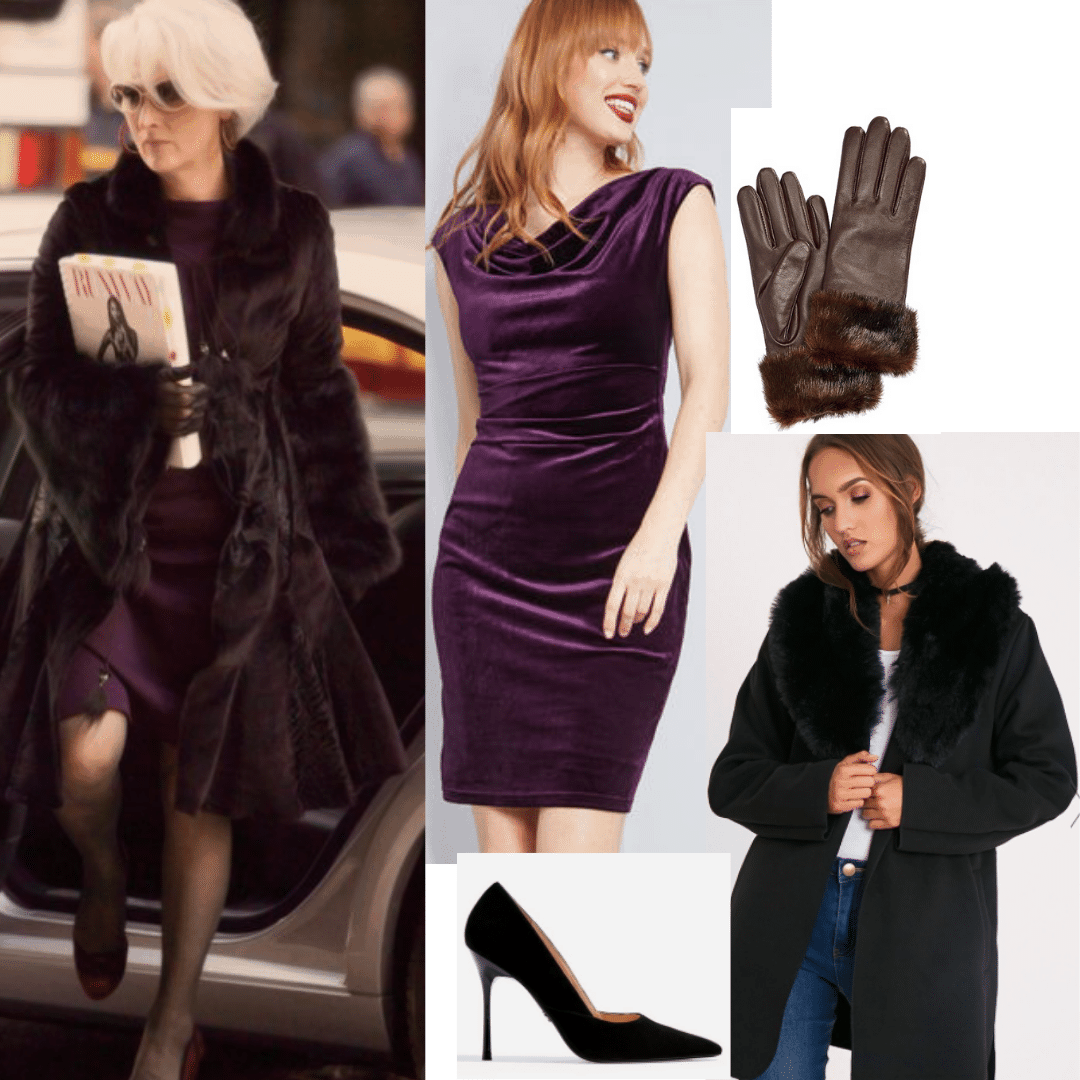 Miranda Priestly outfit with faux fur coat, purple cowl neck dress, leather gloves, suede pumps