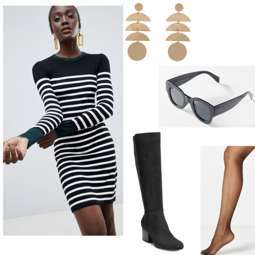 Factory Girl style: Black striped mini dress, black knee high boots, tights, black sunglasses, gold earrings