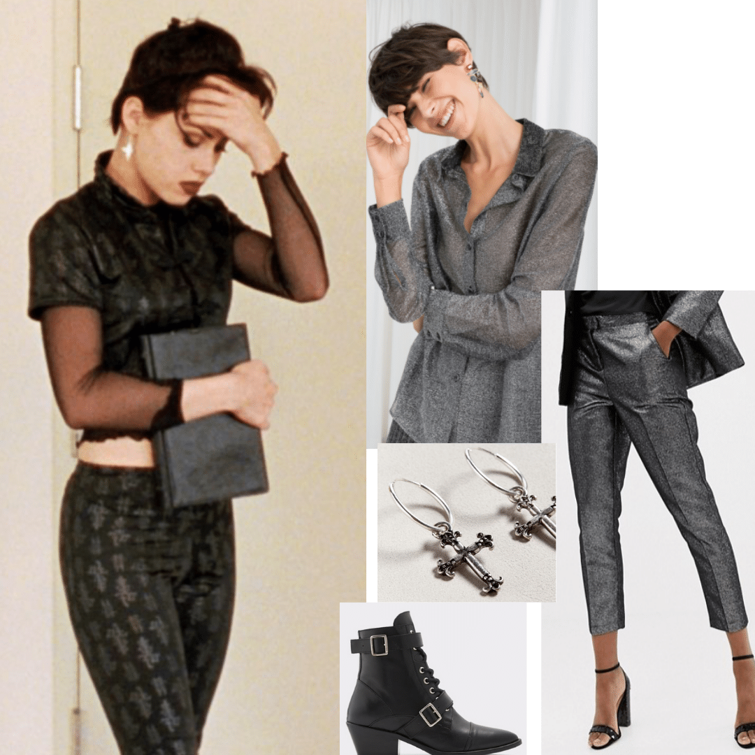 Outfit inspired by Nancy in The Craft: Sheer blouse, gray dress pants, buckled ankle boots, cross earrings