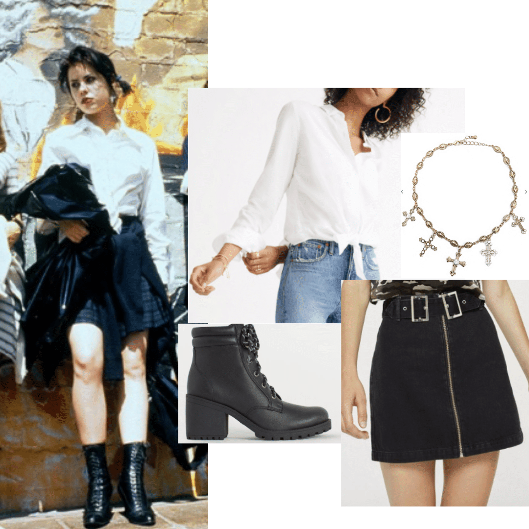 Outfit inspired by Nancy in The Craft: White button down shirt, black mini skirt, lace up combat boots, cross choker